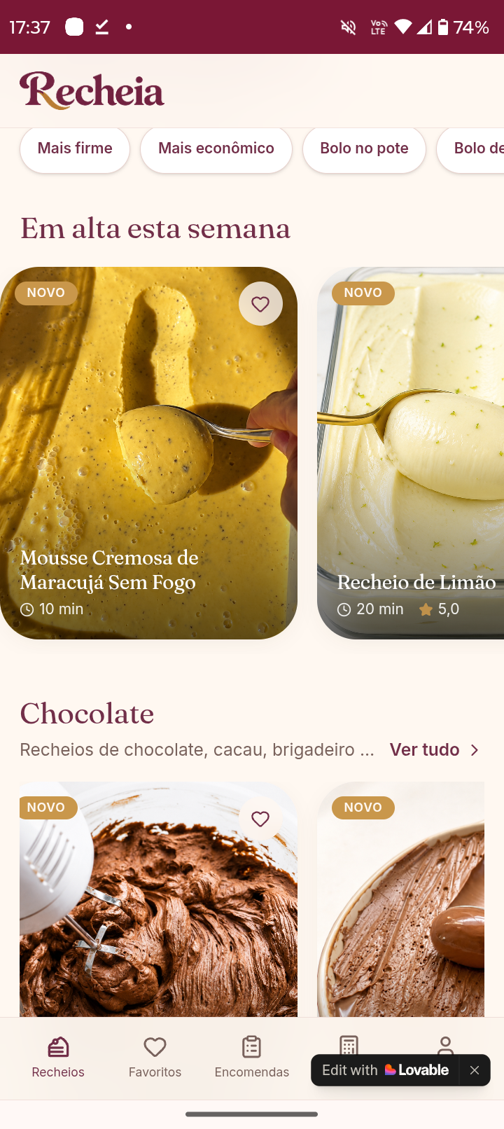 Tela do Recheia — Encontre o recheio certo em segundos